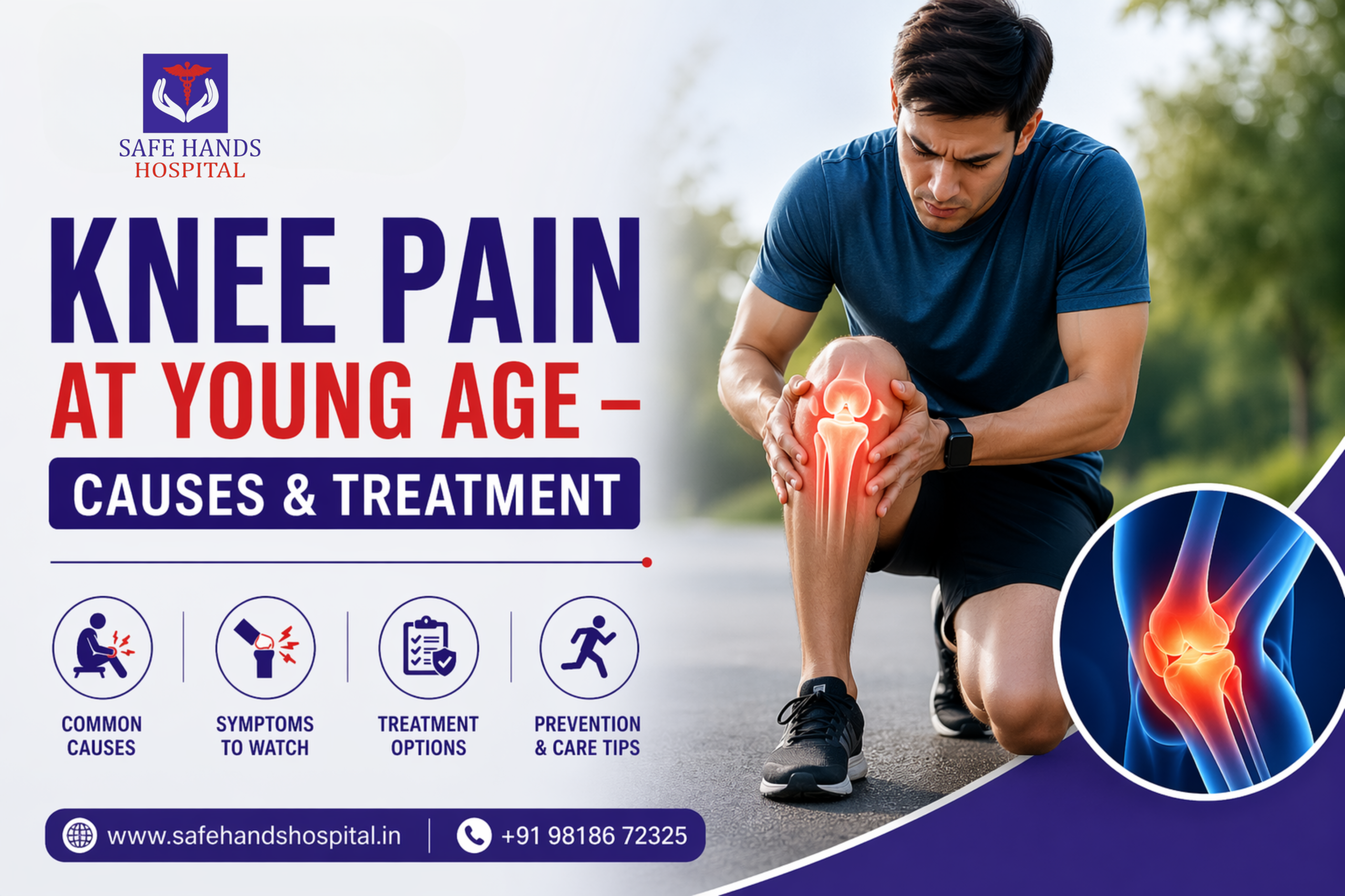 Knee pain at young age causes and treatment infographic showing young man with knee pain and joint illustration